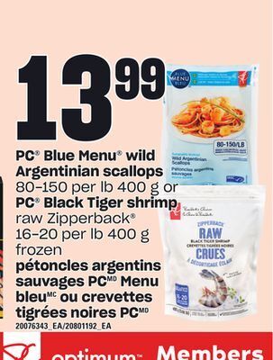 Independent City Market Pétoncles argentins sauvages pc menu bleu, 80-150 per lb 400 g ou crevettes tigrées noires pc, 16-20 per lb, 400 g offer