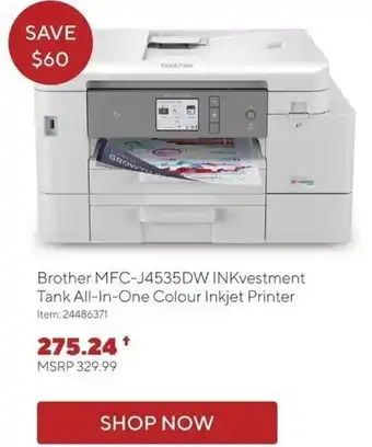 Staples Brother MFC-J4535DW INKvestment Tank All-In-One Colour Inkjet Printer Item: 24486371 offer