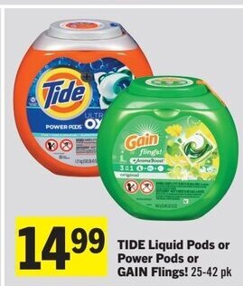 IGA TIDE Liquid Pods or Power Pods or GAIN Flings! 25-42 pk offer