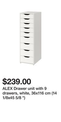 IKEA Alex drawer unit with 9 drawers, white, 36x116 cm (14 1/8x45 5/8 ) offer