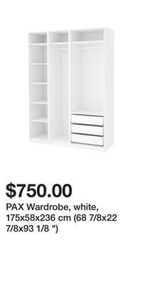 IKEA Pax wardrobe, white, 175x58x236 cm (68 7/8x22 7/8x93 1/8 ) offer