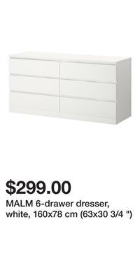 IKEA Malm 6-drawer dresser, white, 160x78 cm (63x30 3/4 ) offer