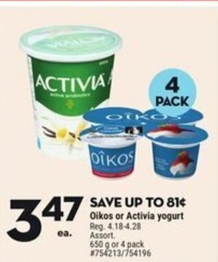 Giant Tiger Oikos or Activia yogurt offer