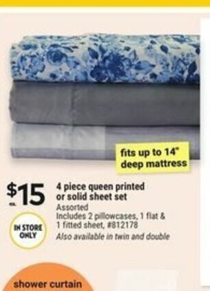 Giant Tiger 4 piece queen printed or solid sheet set offer