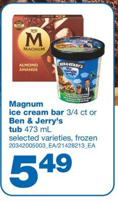 Wholesale Club Magnum ice cream bar, 3/4 ct or ben & jerry's tub, 473 ml offer