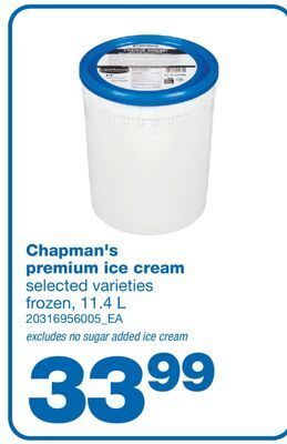 Wholesale Club Chapman's premium ice cream, 11.4 l offer