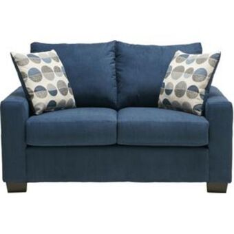 Blue fabric loveseat with decorative pillows