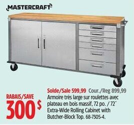 Canadian Tire 72 Extra-Wide Rolling Cabinet with Butcher-Block Top. offer