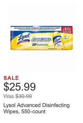 Costco Lysol advanced disinfecting wipes, 550-count offer