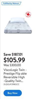Walmart Viscologic twin - prestige flip able reversible high -quality twin mattress perfect for bunk bed, trundle, guest bed and cara offer