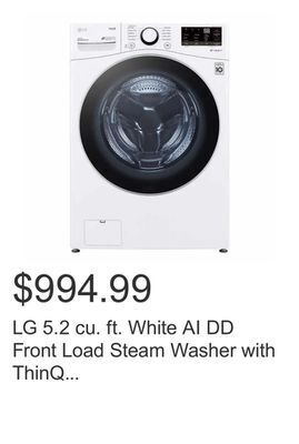 Costco Lg 5.2 cu. ft. white ai dd front load steam washer with thinq technology and wi-fi enabled offer