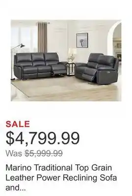 Costco Marino traditional top grain leather power reclining sofa and loveseat with power headrest offer