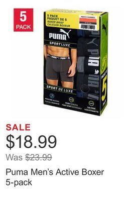 Costco Puma men's active boxer 5-pack offer