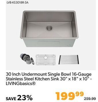 Shopper+ 30 inch undermount single bowl 16-gauge stainless steel kitchen sink 30 x 18 x 10 - livingbasics offer