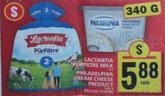Food Basics LACTANTIA PURFILTRE MILK ,PHILADELPHIA CREAM CHEESE PRODUCT offer