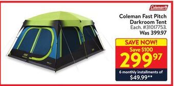 Walmart Coleman fast pitch darkroom tent offer