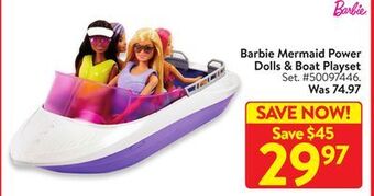 Walmart Barbie mermaid power dolls & boat playset offer