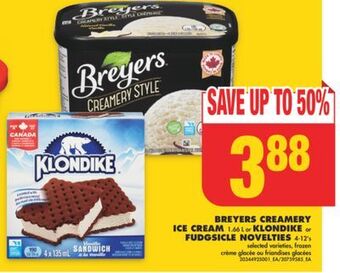 No Frills Breyers creamery ice cream, 1.66 l or klondike or fudgsicle novelties, 4-12's offer