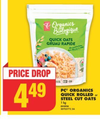 No Frills Pc® organics quick rolled or steel cut oats, 1 kg offer