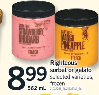 Fortinos Righteous sorbet or gelato, 562 ml offer