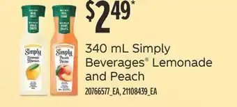 Fortinos Simply beverages lemonade and peach, 340 ml offer