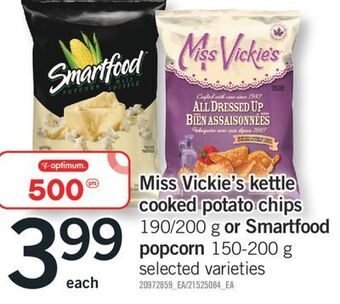 Fortinos Miss vickie's kettle cooked potato chips, 190/200 g or smartfood popcorn, 150-200 g offer
