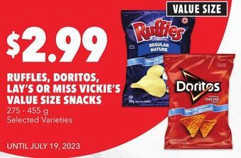 Metro Ruffles, doritos, lay's or miss vickie's value size snacks offer