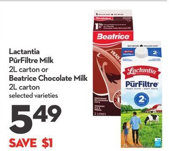 Longo's Lactantia pūrfiltre milk 2l carton or beatrice chocolate milk 2l carton offer
