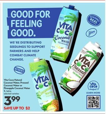 Longo's Vita coco natural coconut water, pressed coconut water or pineapple coconut water offer