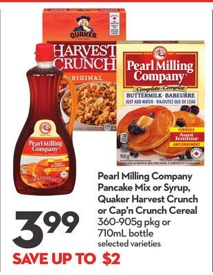 Longo's Pearl milling company pancake mix or syrup, quaker harvest crunch or cap'n crunch cereal offer
