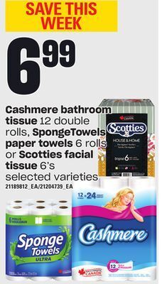 Independent Grocer Cashmere bathroom tissue, 12 double rolls, spongetowels paper towels, 6 rolls or scotties facial tissue, 6's offer