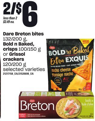 Loblaws Dare breton bites, 132/200 g, bold n baked, crisps, 100/150 g or grissol crackers, 120/200 g offer