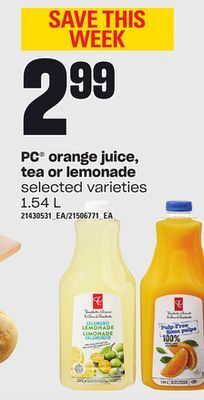Loblaws Pc® orange juice, tea or lemonade, 1.54 l offer