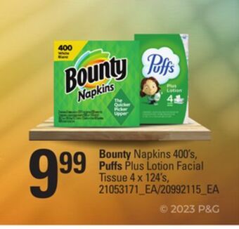 Loblaws Bounty napkins, 400's, puffs plus lotion facial tissue, 4 x 124's offer