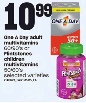 Loblaws One a day adult multivitamins, 60/90's or flintstones children multivitamins, 50/60's offer