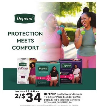 Loblaws Depend® protective underwear 10-52's or poise bladder control pads 27-66's offer