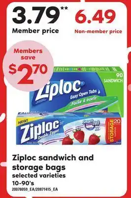 Loblaws Ziploc sandwich and storage bags, 10-90's offer