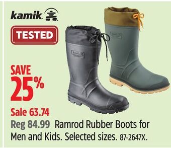 Canadian Tire Kamik ramrod rubber boots for men and kids offer