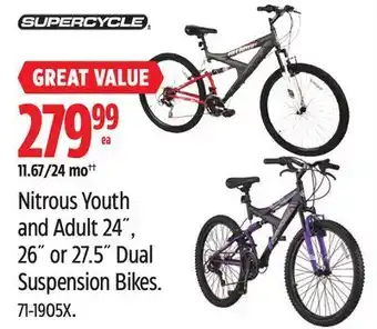 Canadian Tire Supercycle nitrous youth and adult 24, 26 or 27.5˝ dual suspension bikes offer