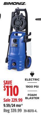 Canadian Tire Simoniz 1900 psi 1.4 gpm corded cold water wheeled brushed electric pressure washer w/ foam blaster offer