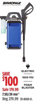 Canadian Tire Simoniz 1650 psi 1.8 gpm corded cold water wheeled brushed electric pressure washer w/ foam blaster offer