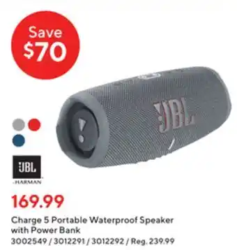 Staples Jbl charge 5 portable waterproof speaker with power bank offer