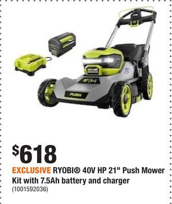 Home Depot Exclusive ryobi® 40v hp 21 push mower kit with 7.5ah battery and charger offer