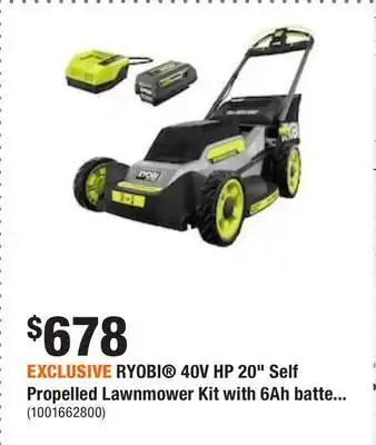 Home Depot Exclusive ryobi® 40v hp 20 self propelled lawnmower kit with 6ah battery & charger offer