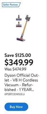 Walmart Dyson official outlet - v8 h cordless vacuum - refurbished - 1 year warranty – colour may vary offer