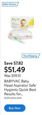 Walmart Babyvac baby nasal aspirator safe hygienic quick best results for newborns and toddlers offer