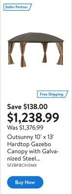 Walmart Outsunny 10' x 13' hardtop gazebo canopy with galvanized steel roof, aluminum permanent pavilion outdoor gazebo with top hook offer