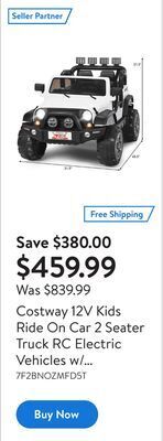 Walmart Costway 12v kids ride on car 2 seater truck rc electric vehicles w/ storage room white offer
