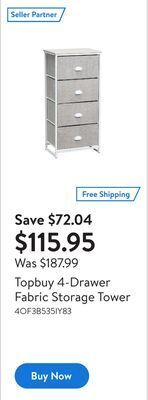 Walmart Topbuy 4-drawer fabric storage tower offer