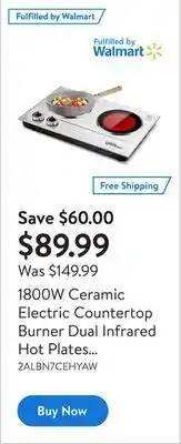 Walmart 1800w ceramic electric countertop burner dual infrared hot plates cooker stainless steel cooktop with adjustable temperature offer